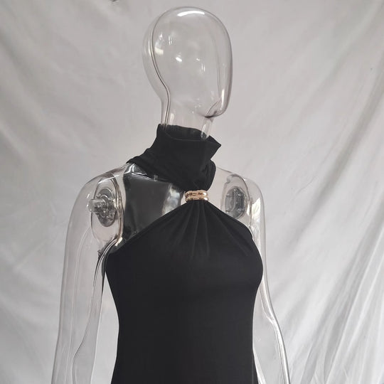 Damen elegantes Minikleid mit hohem Kragen und Details aus satinierter Textur EB