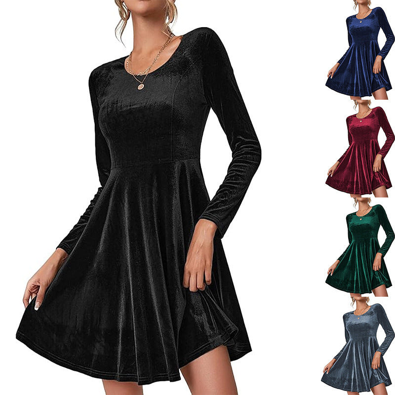 Damen Elegantes Samtkleid mit geschwungenem Saum und langen Ärmeln EB