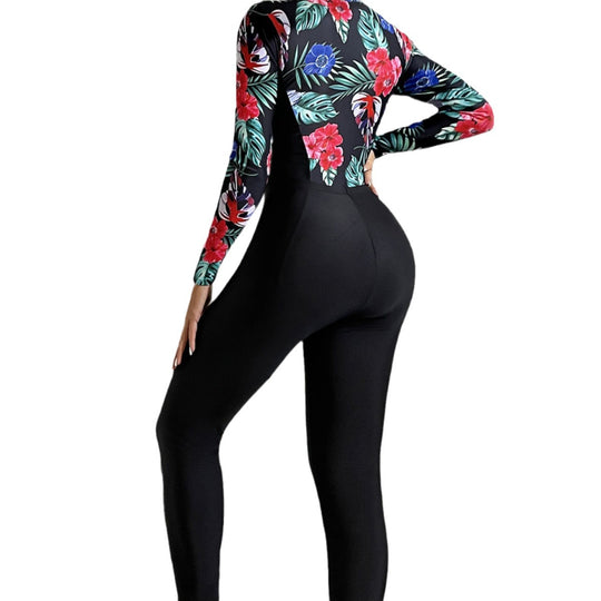 Damen sportlicher Langarm-Schwimmanzug mit farbenfrohen Blumenmuster EB