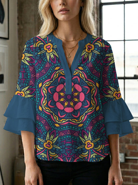 Damen elegantes Blusenshirt mit voluminösen Rüsenärmeln und grafischem Blumendesign EB