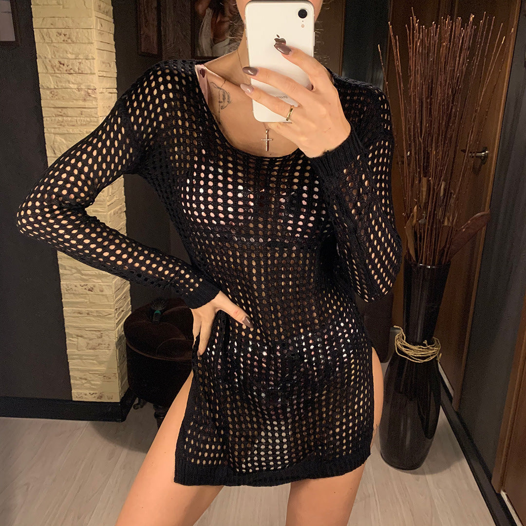 Damen gestricktes Netzkleid mit langem Arm und seitlichen Schlitzen EB