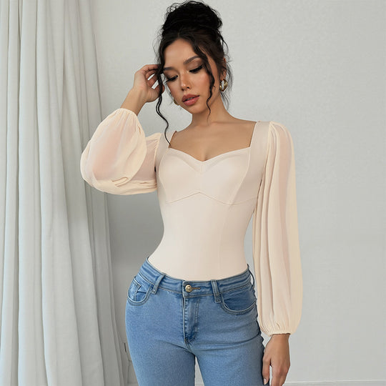 Damen Corsagen-Body mit taillierendem Schnitt und transparenten Ballonärmeln EB