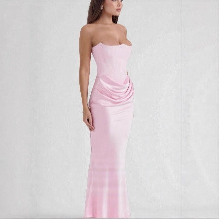 Damen Maxikleid mit Raffungen und elegantem Bustier-Ausschnitt EB