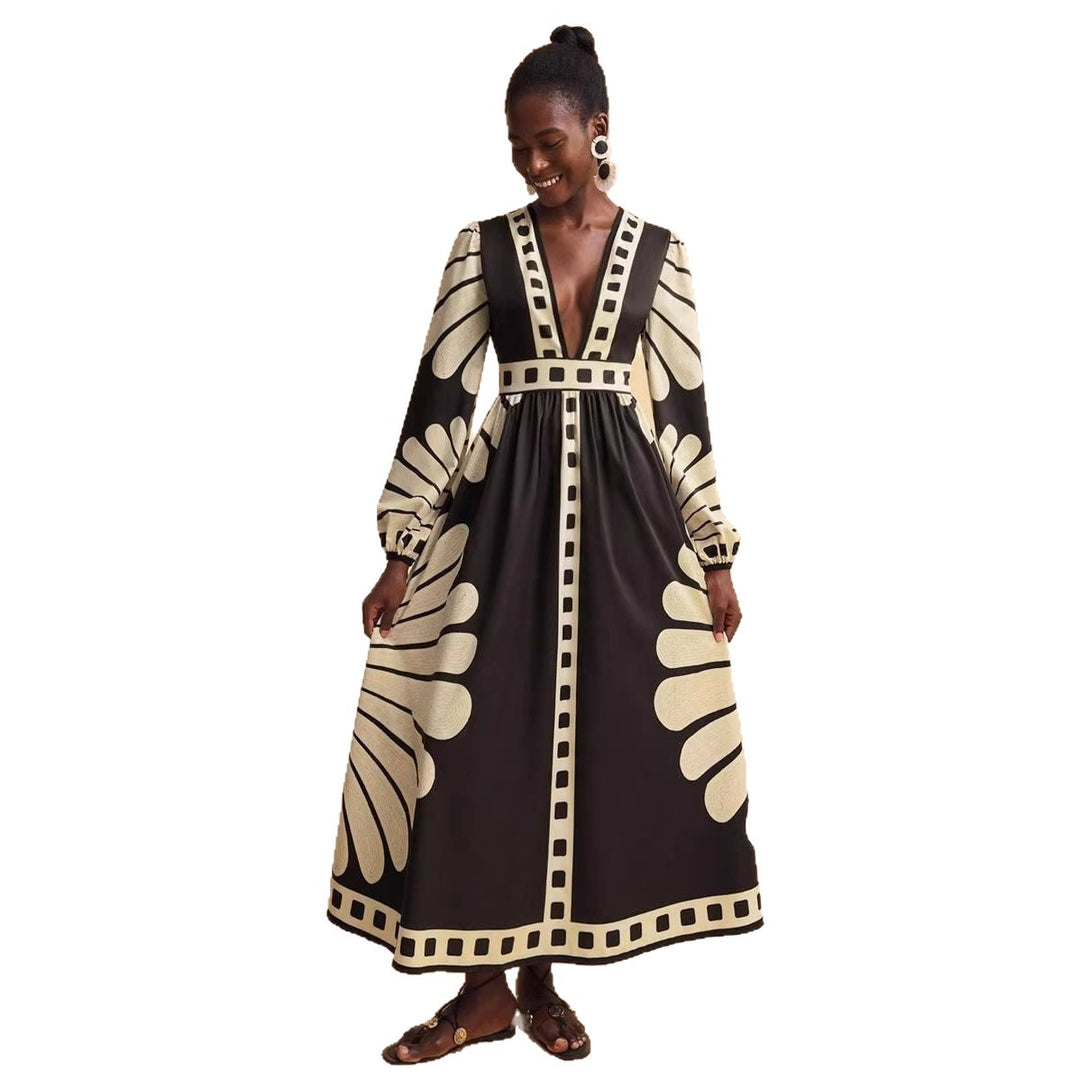 Damen Maxi-Kleid mit tiefem V-Ausschnitt und extravaganten Ärmel-Designs EB