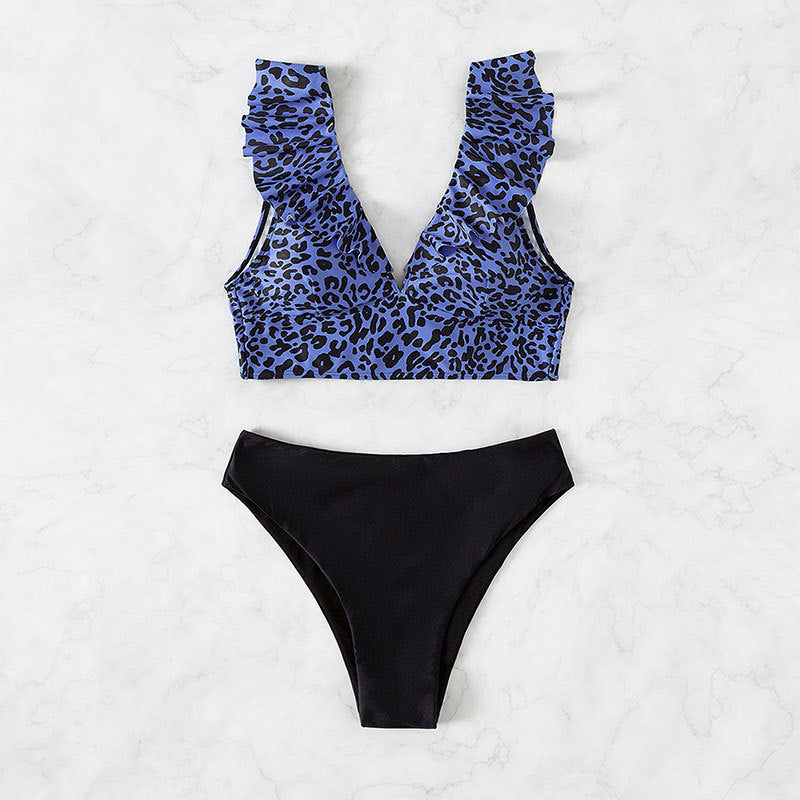 Damen Triangel-Bikini mit modischem Leopardenmuster und Rüschendetails EB