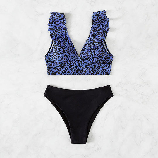 Damen Triangel-Bikini mit modischem Leopardenmuster und Rüschendetails EB