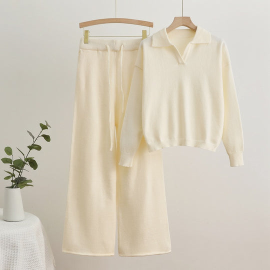 Damen gemütliches Strick-Loungewear-Set mit weit geschnittenem Pullover und Hose EB