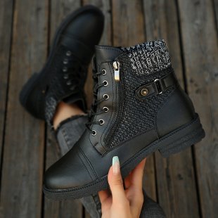 Damen nan knöchelhohe Schnürstiefelette mit Strickschaft, Seitenreißverschluss und profilierter Gummisohle EB