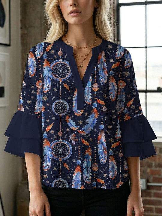 Damen Blusenshirt mit voluminösen Ärmeln und kreativem Druckdesign EB