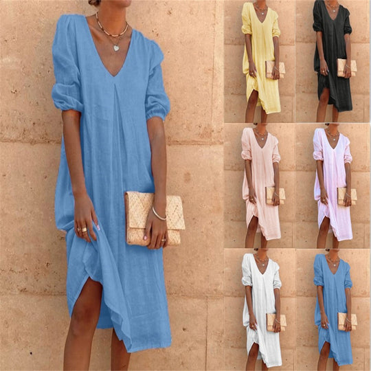 Damen lässiges Leinenkleid mit V-Ausschnitt und Puffärmeln EB