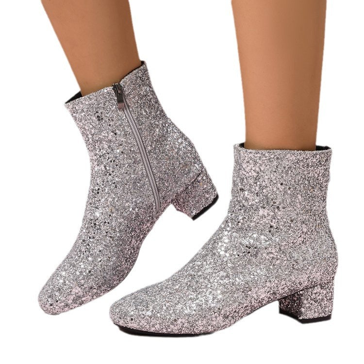 Damen glitzernde Stiefeletten mit kurzem Blockabsatz und seitlichem Reißverschluss EB