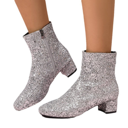 Damen glitzernde Stiefeletten mit kurzem Blockabsatz und seitlichem Reißverschluss EB