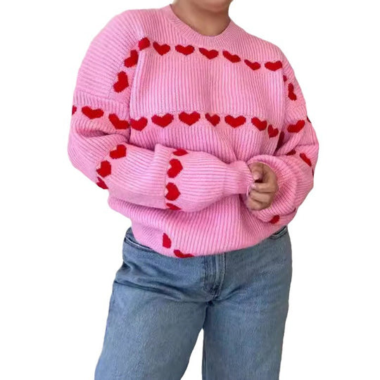 Damen gemütlicher Pullover mit Herzmuster EB
