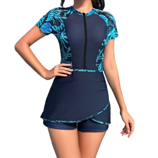 Damen Modischer Schwimmanzug mit kurzem Zip und Rock EB