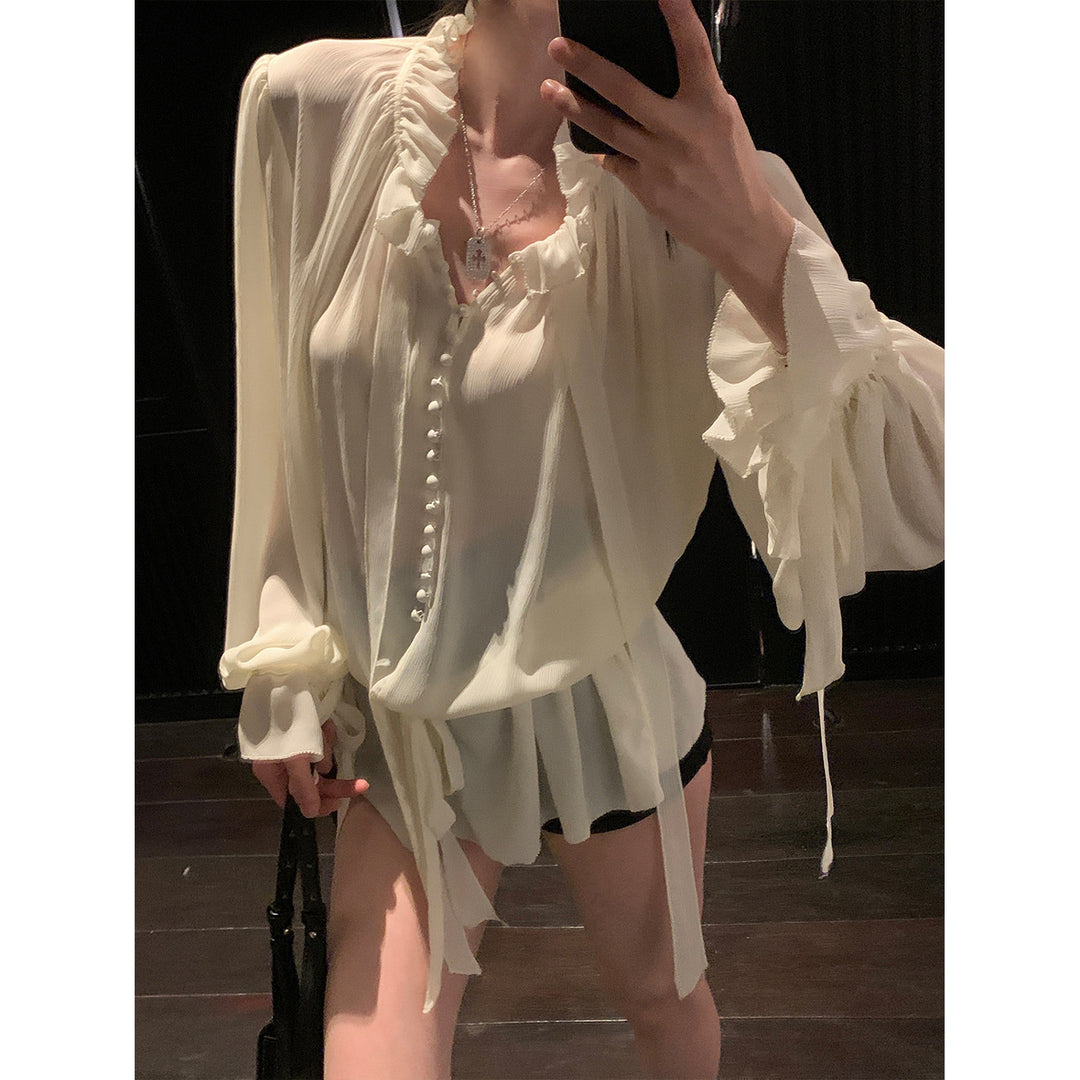 Damen hochtrasparentes Blusenshirt mit voluminösen Ärmeln EB
