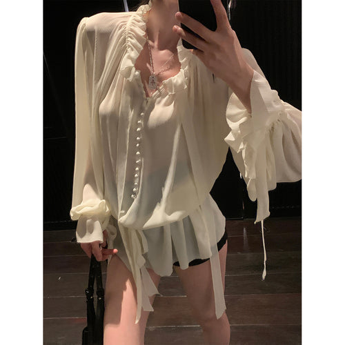 Damen hochtrasparentes Blusenshirt mit voluminösen Ärmeln EB