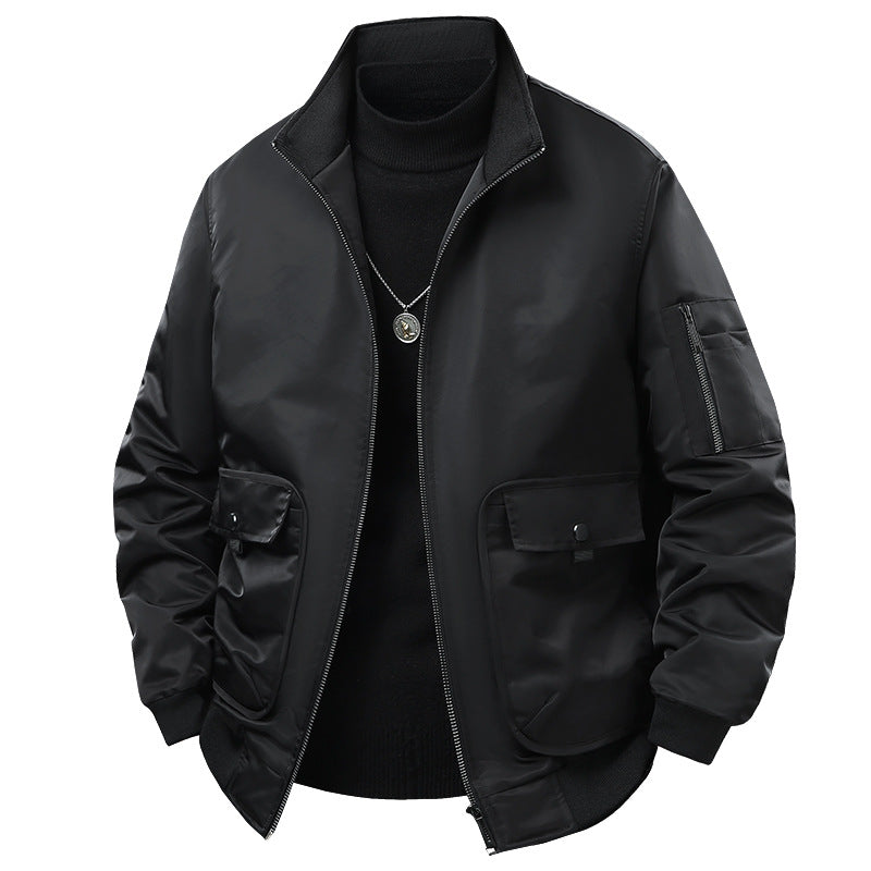 Men's  short-collar technical bomber jacket with zipped sleeve utility pocket and snap cargo flap pockets EB