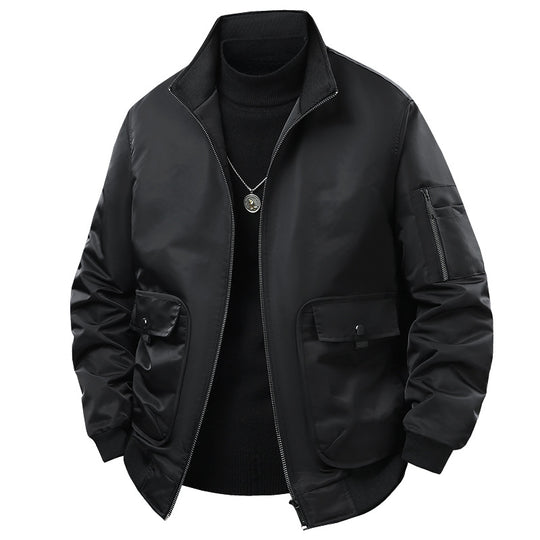 Men's  short-collar technical bomber jacket with zipped sleeve utility pocket and snap cargo flap pockets EB