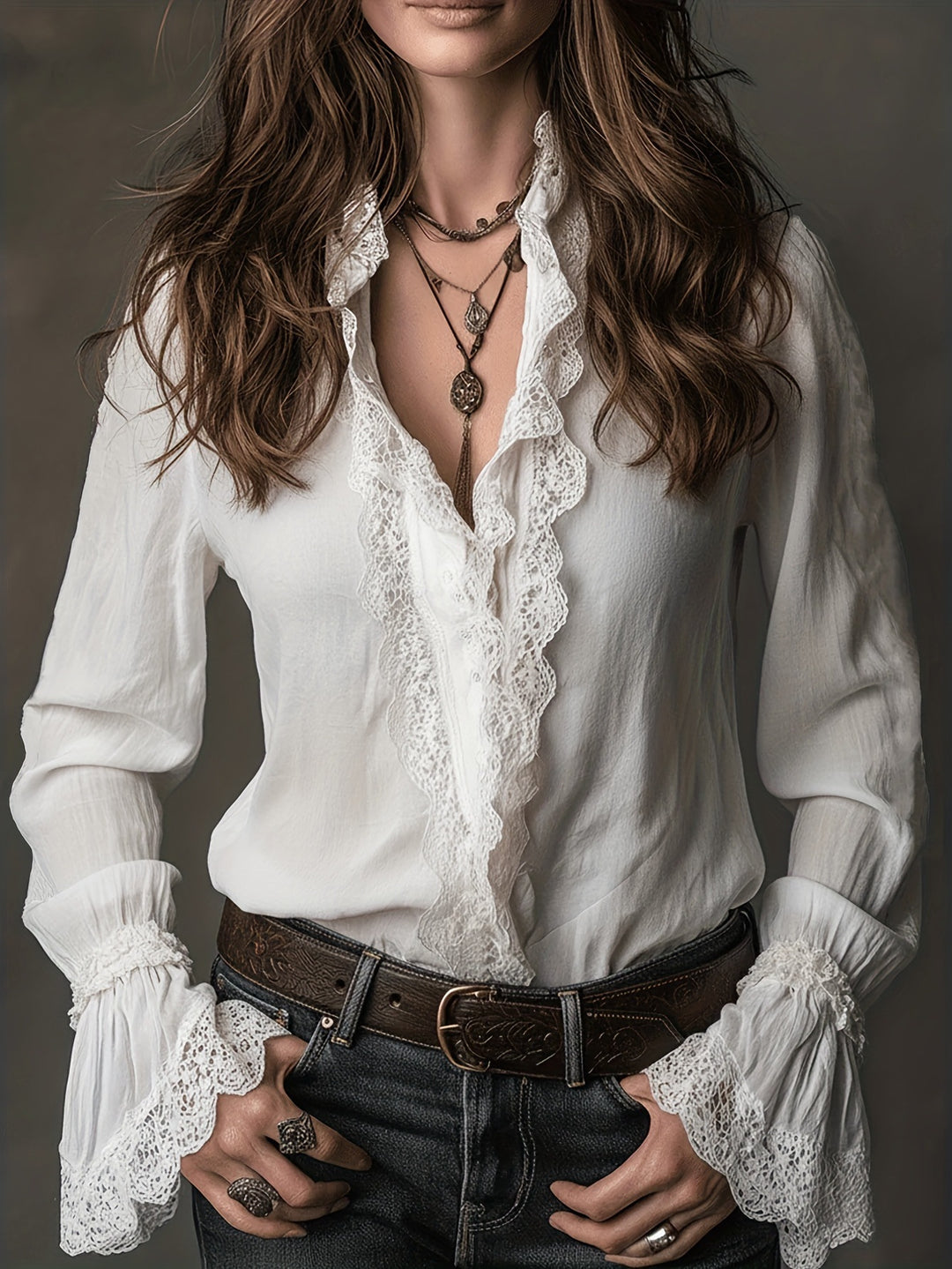 Damen elegante Bluse mit Rüschendetails und Spitzenbesatz EB