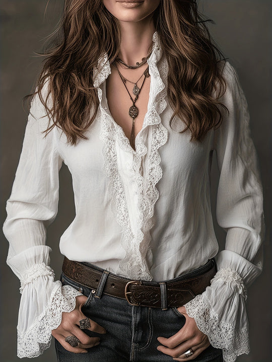 Damen elegante Bluse mit Rüschendetails und Spitzenbesatz EB
