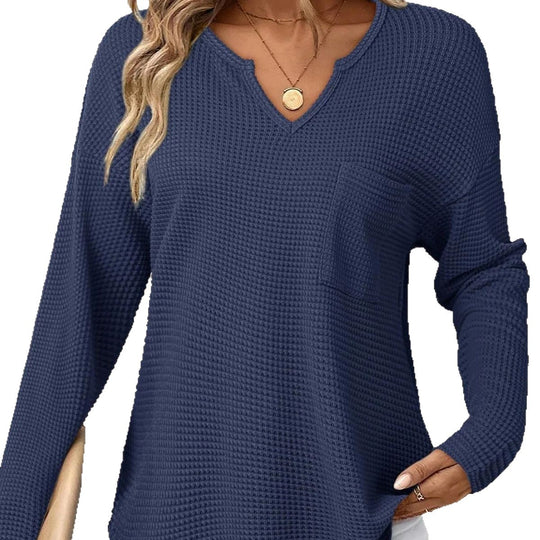 Damen Waffelstrick-Longsleeve mit V-Notch, Brusttasche und legerer Oversize-Passform EB