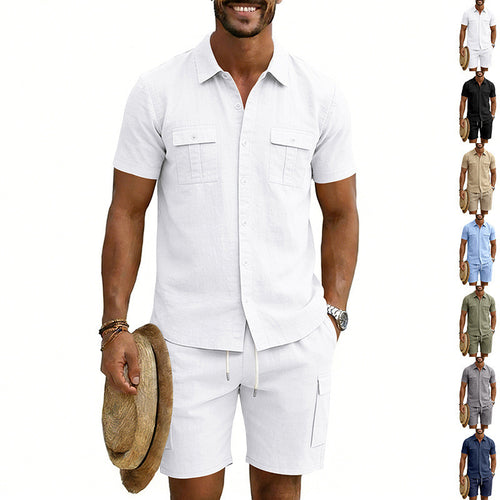 Herren nan sommerliches Freizeitset aus Baumwoll-Leinenmix mit Kurzarm-Hemd und Cargo-Shorts EB