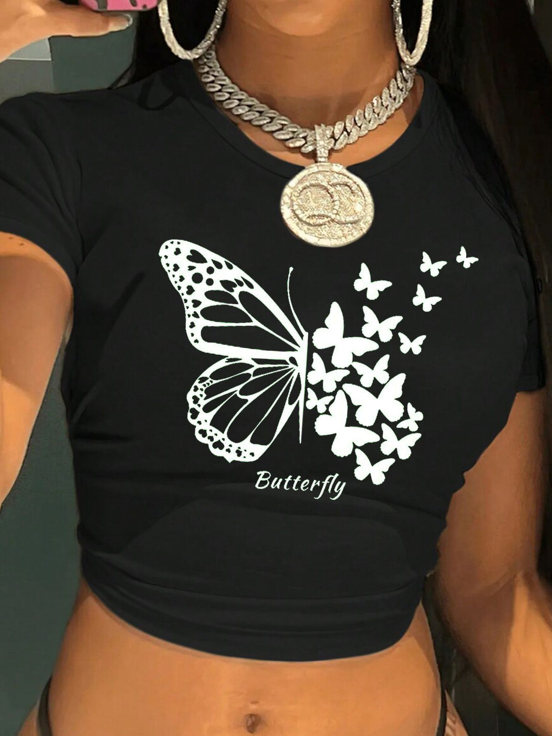 Damen figurbetontes Kurzarm-T-Shirt mit verspieltem Aufdruck EB
