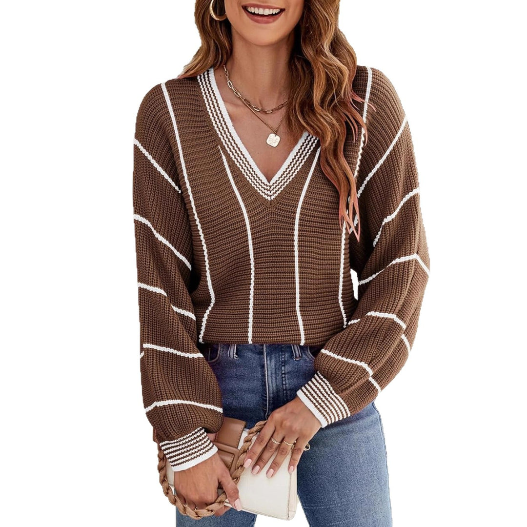 Damen Strickpullover mit V-Ausschnitt und lässigem Streifenmuster EB