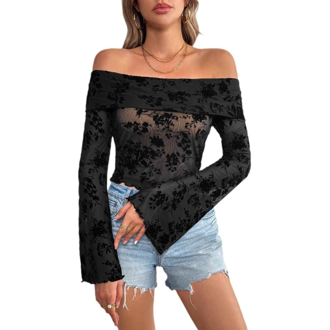 Damen Off-Shoulder Oberteil mit transparentem floralem Design und ausgestellten Ärmeln EB