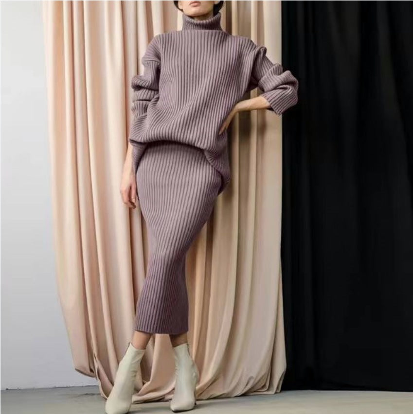 Damen Strickset mit hohem Kragen und weichem Rippdesign EB