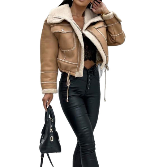 Damen cropped Kunstlederjacke mit kuscheligem Teddyfutter EB