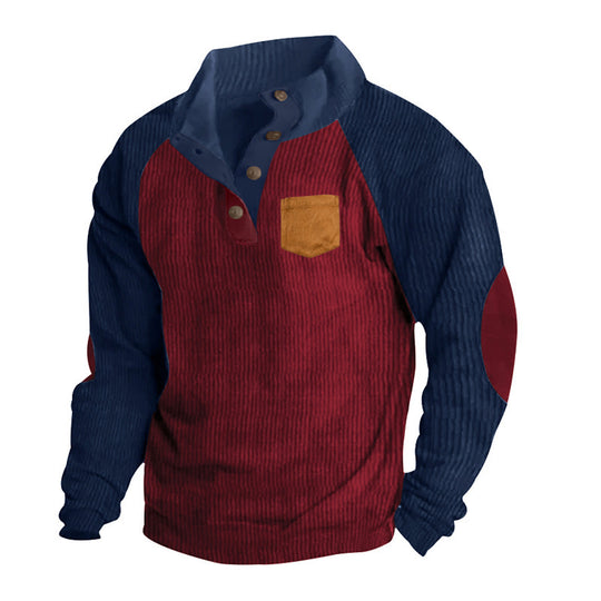 Herren Geripptes Henley‑Pullover mit Raglanärmeln, Ellenbogen‑Patches & Brusttasche EB