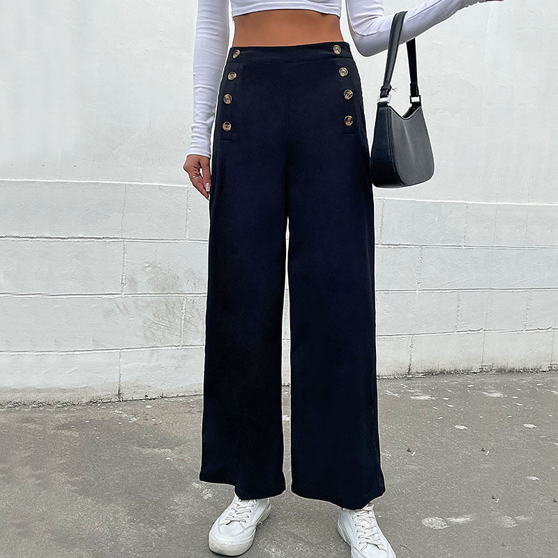 Damen Weite Stoffhose mit dekorativen Knopfdetails EB