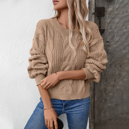 Damen grob gestrickter Pullover mit voluminösen Ärmeln und Zopfmuster EB