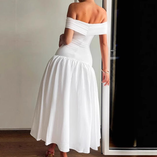 Damen Hochwertiges Off-Shoulder Maxikleid mit tailliertem Schnitt und fließendem Rock EB