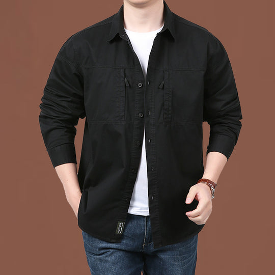Herren nan leichtes Baumwoll-Utility-Overshirt mit zwei verdeckten Brusttaschen und klassischem Kentkragen EB