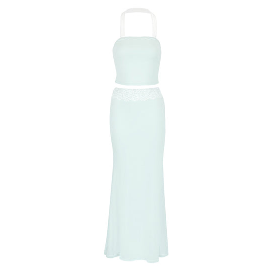 Damen Langärmliges Maxi-Kleid mit Spitzenakzenten und Trägerdetails EB