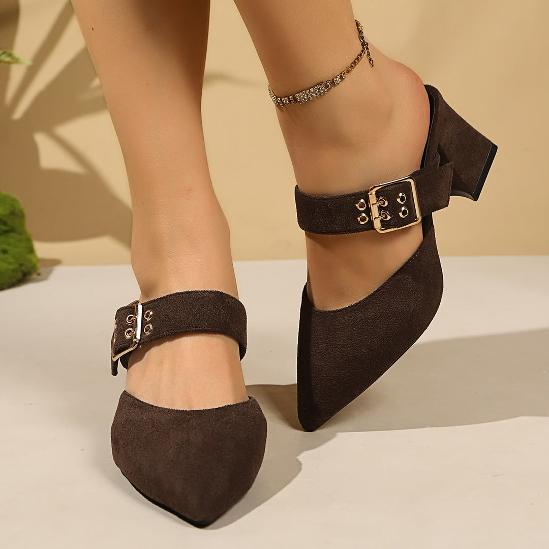 Damen geschlossene Mules mit Blockabsatz und einem eleganten Riemen EB
