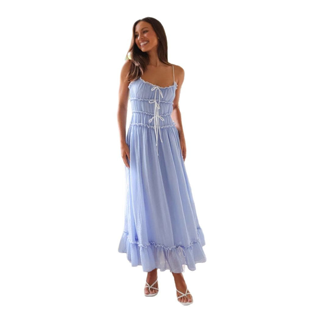 Damen Maxikleid mit verstellbarem Schnürdetail und rüschigem Saum EB