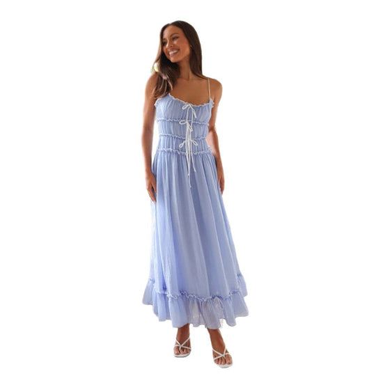 Damen Maxikleid mit verstellbarem Schnürdetail und rüschigem Saum EB