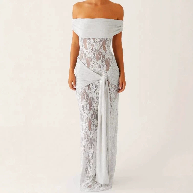 Damen Elegant drapiertes Spitzenkleid mit off-shoulder Design EB