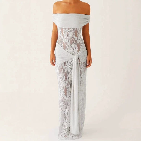 Damen Elegant drapiertes Spitzenkleid mit off-shoulder Design EB