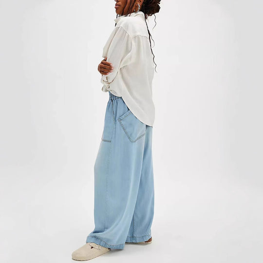 Damen Lässige weite Denim-Jeans mit elastischem Bund und praktischen Taschen EB