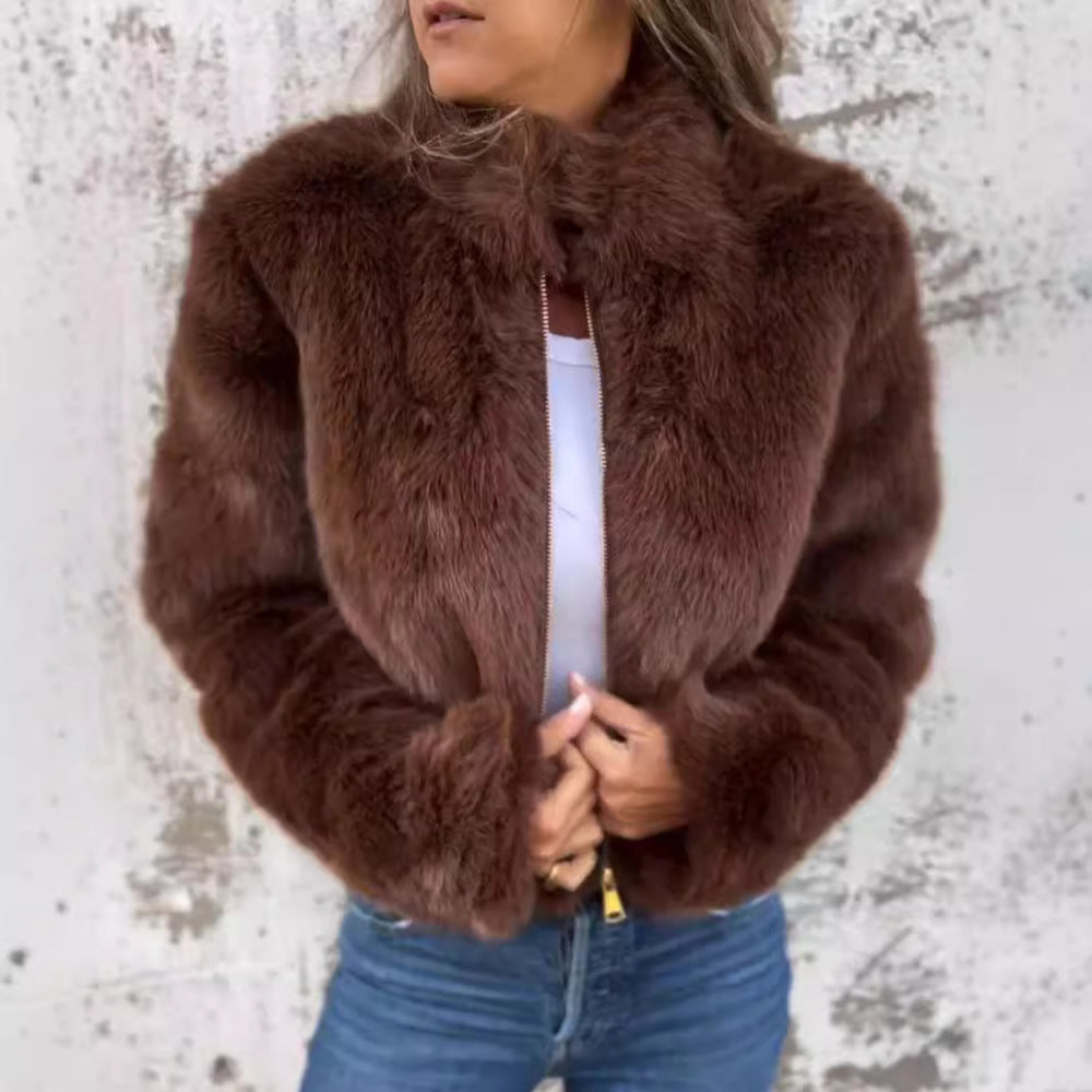 Damen kuschelige und modische Fleecejacke mit Stehkragen und Reißverschluss EB