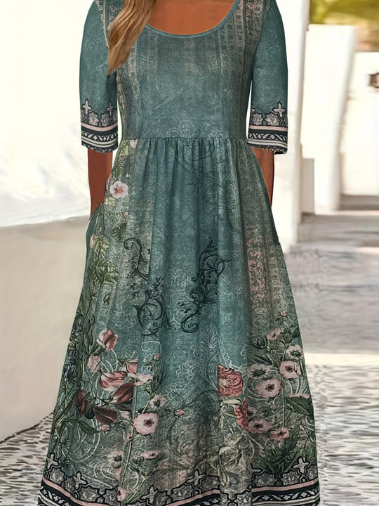 EB | Rundhalsausschnitt Kurzarm Bohemian Print Kleid Frauen