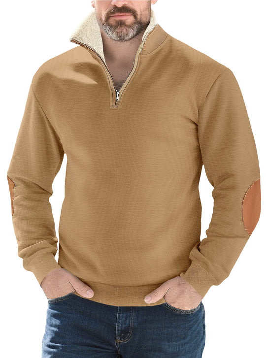 Herren nan Strukturstrick-Halbzipppullover mit wärmendem Sherpa-Kragen und Velours-Ellenbogenapplikation EB