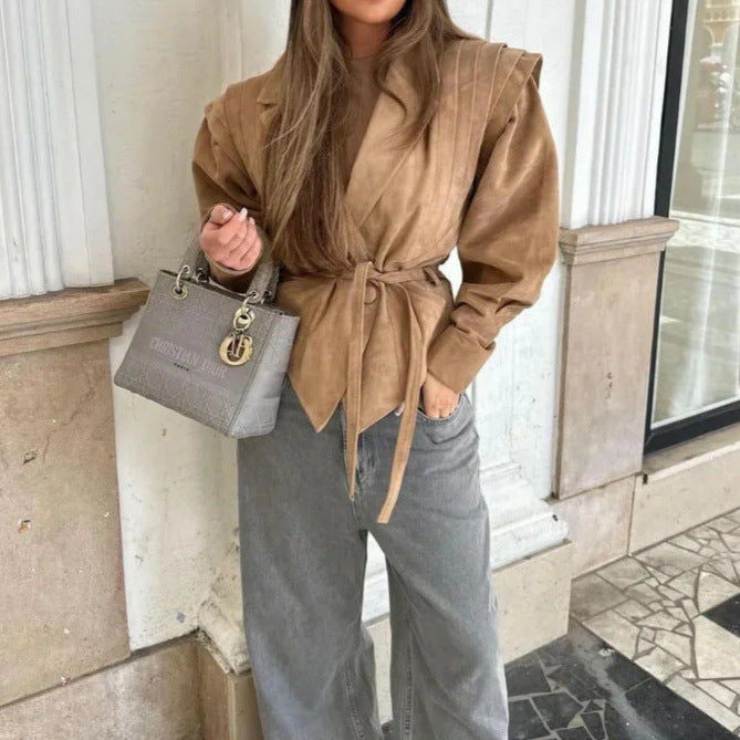 Damen Modische Wildlederjacke mit Taillengürtel EB