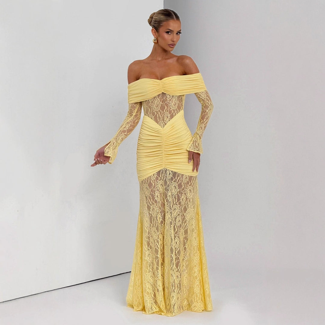 Damen elegantes Spitzenkleid mit Off-Shoulder-Ausschnitt und Raffungen EB