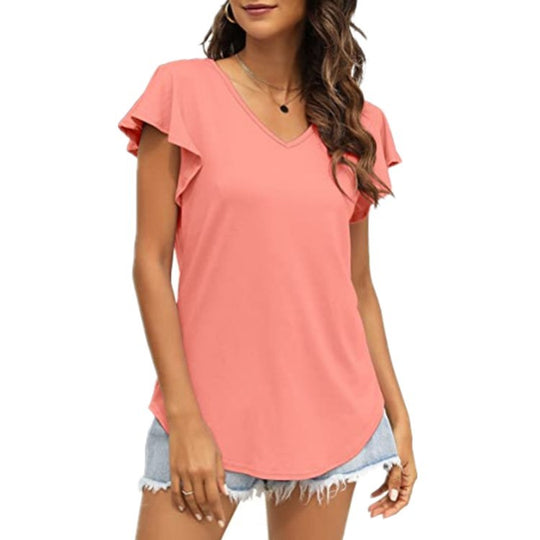 Damen V-Ausschnitt T-Shirt mit Rüschenärmeln und lässigem Schnitt EB