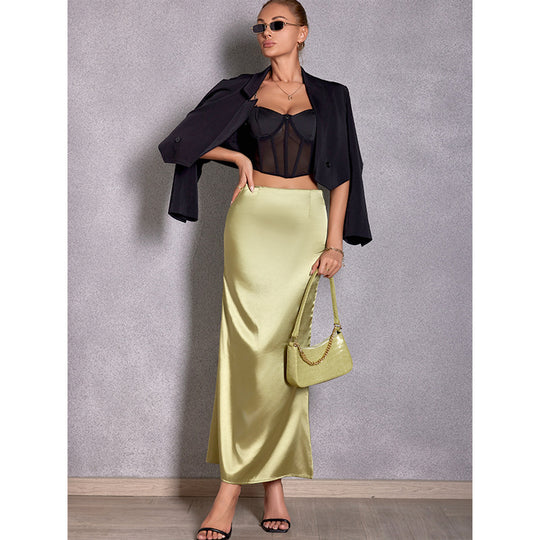Damen Eleganter Maxirock aus glänzendem Satin mit hohem Schlitz EB